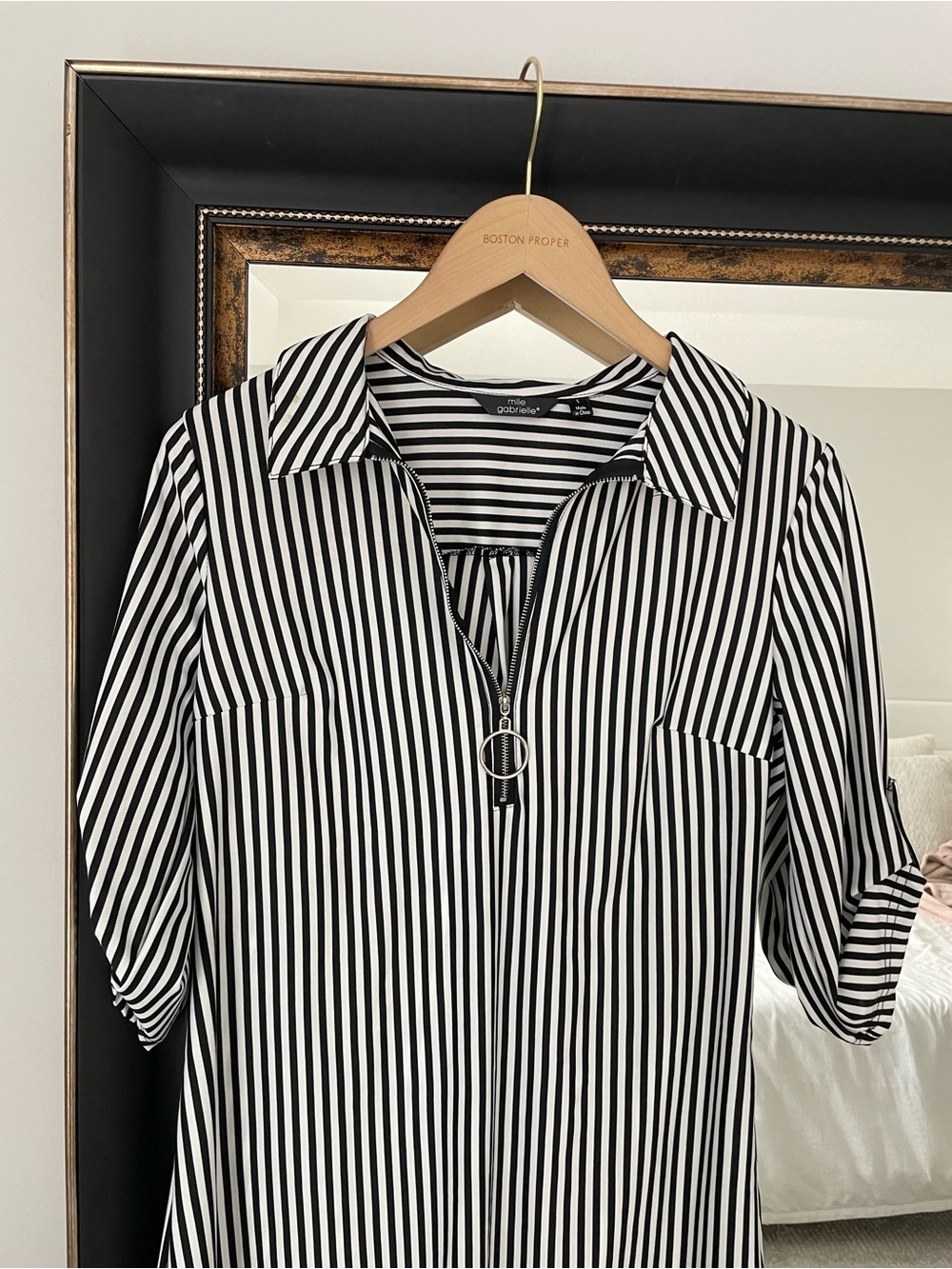 Mlle Gabrielle Black White Striped Zip Front Shirt Dress Size S - Picture 3 of 5